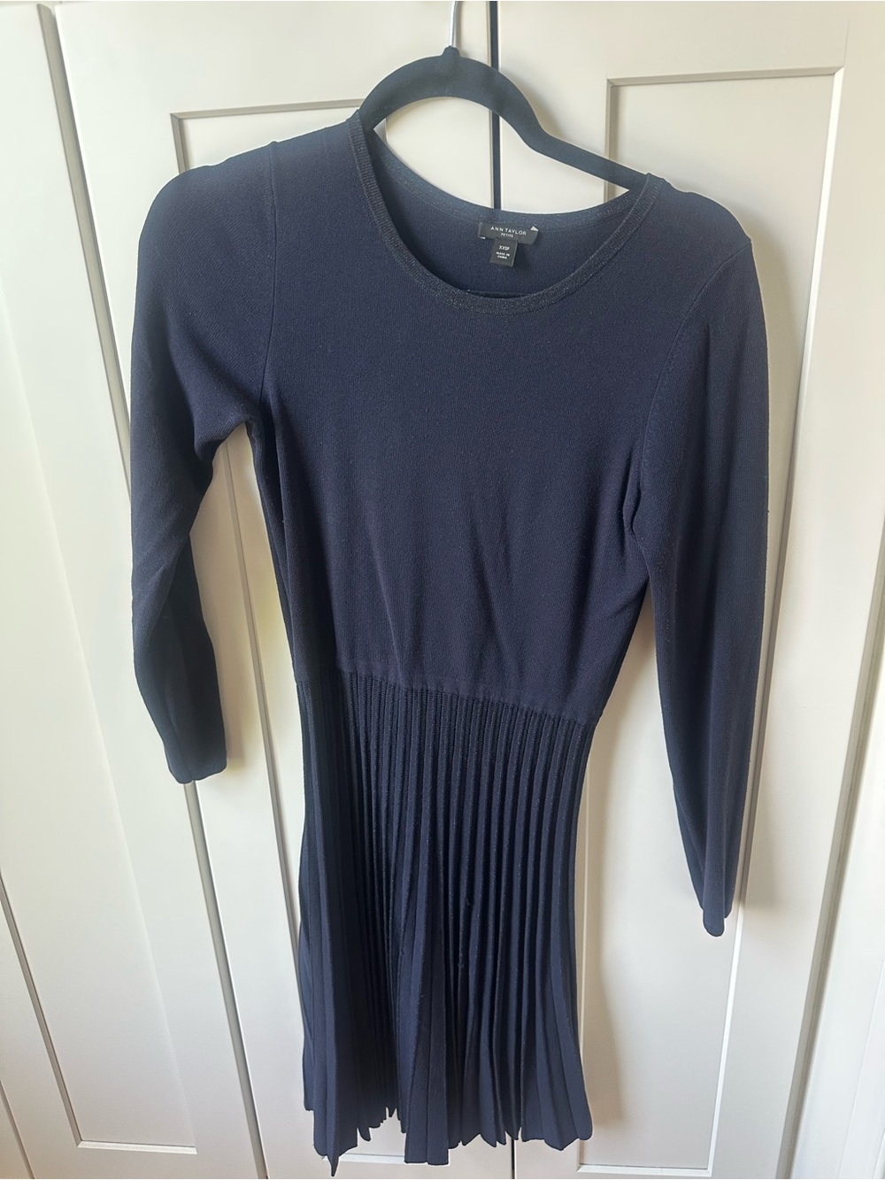 Ann Taylor Dark Navy Long-Sleeve Pleated Knit Dress